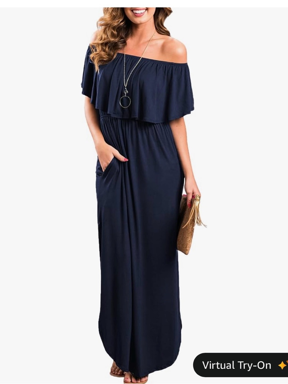 Off-Shoulder Navy Maxi Dress with Ruffle Overlay